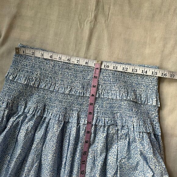 J.Crew Liberty Blue White Floral Smocked Midi Skirt L Cottagecore Boho Coastal - Picture 13 of 14